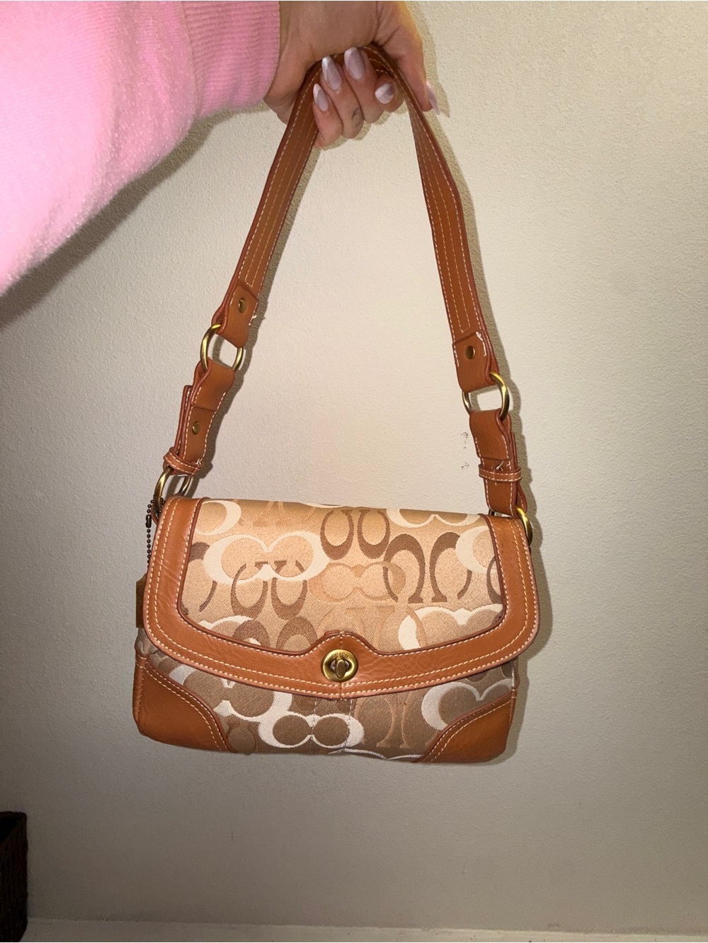 Y2K Coach Tan Signature Canvas Shoulder Bag with Leather Trim